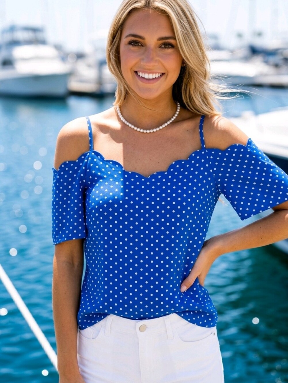 NWT Monteau Blue Polka Dot Cold-Shoulder Blouse Size Medium